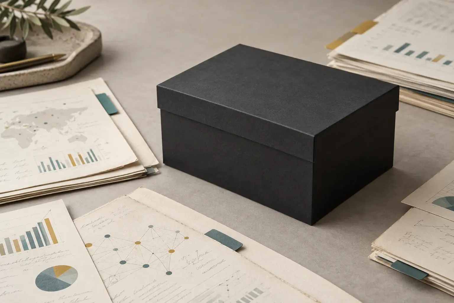 A closed black box resting on business papers