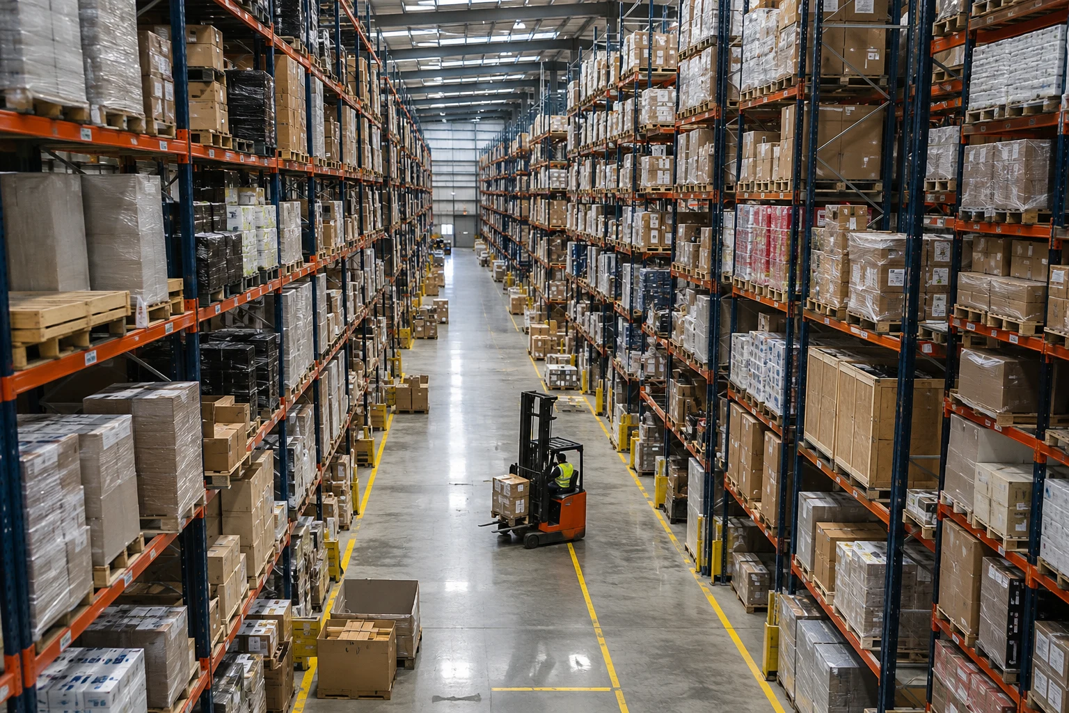 A large warehouse with inventory and shipping operations