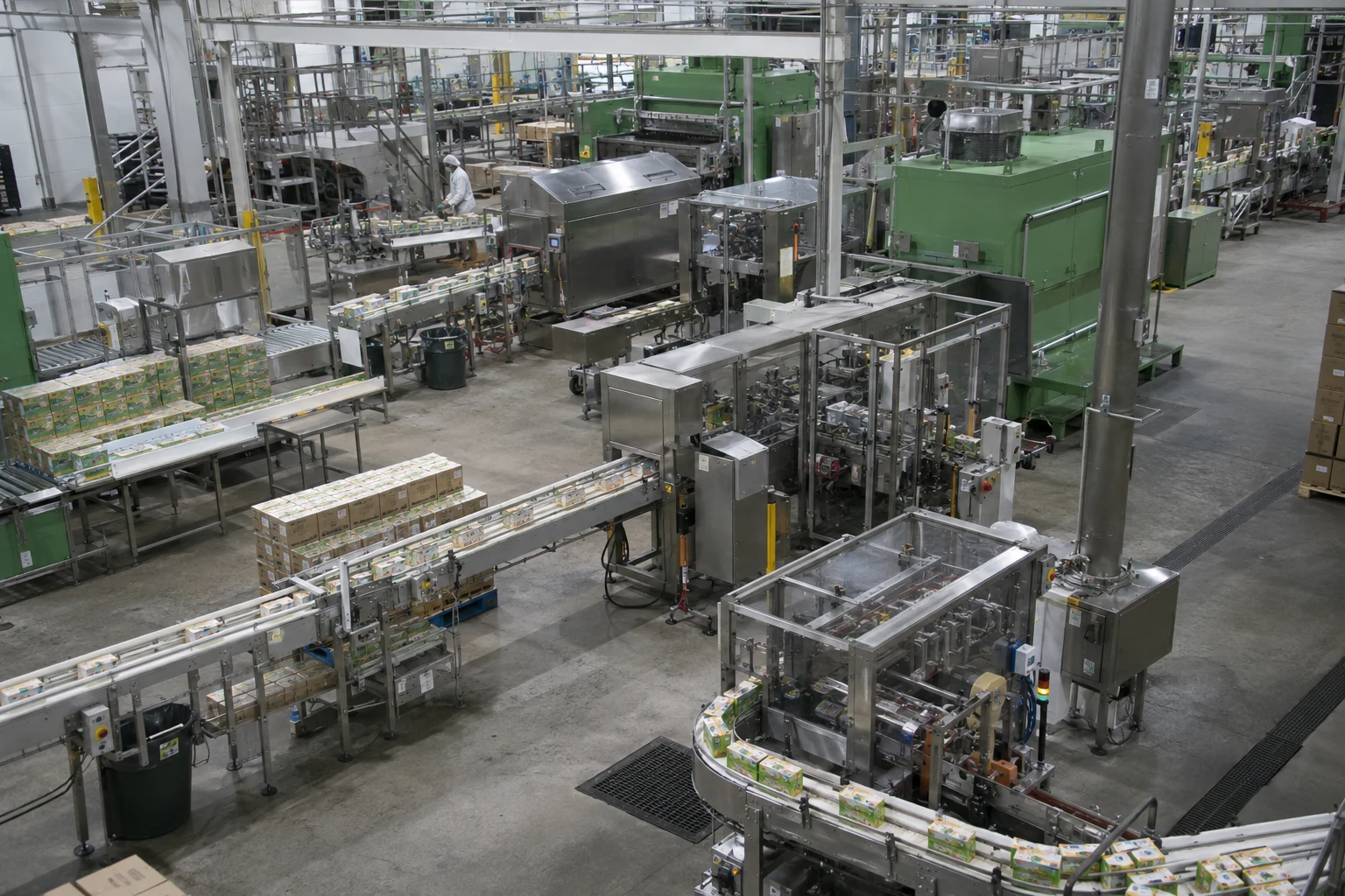 An industrial packaging line spanning multiple processes