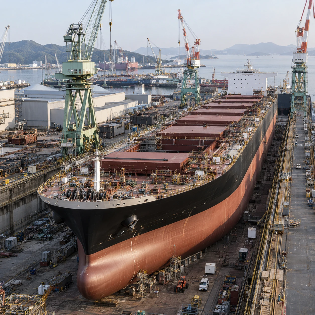 A large shipyard with vessels, cranes, and working infrastructure