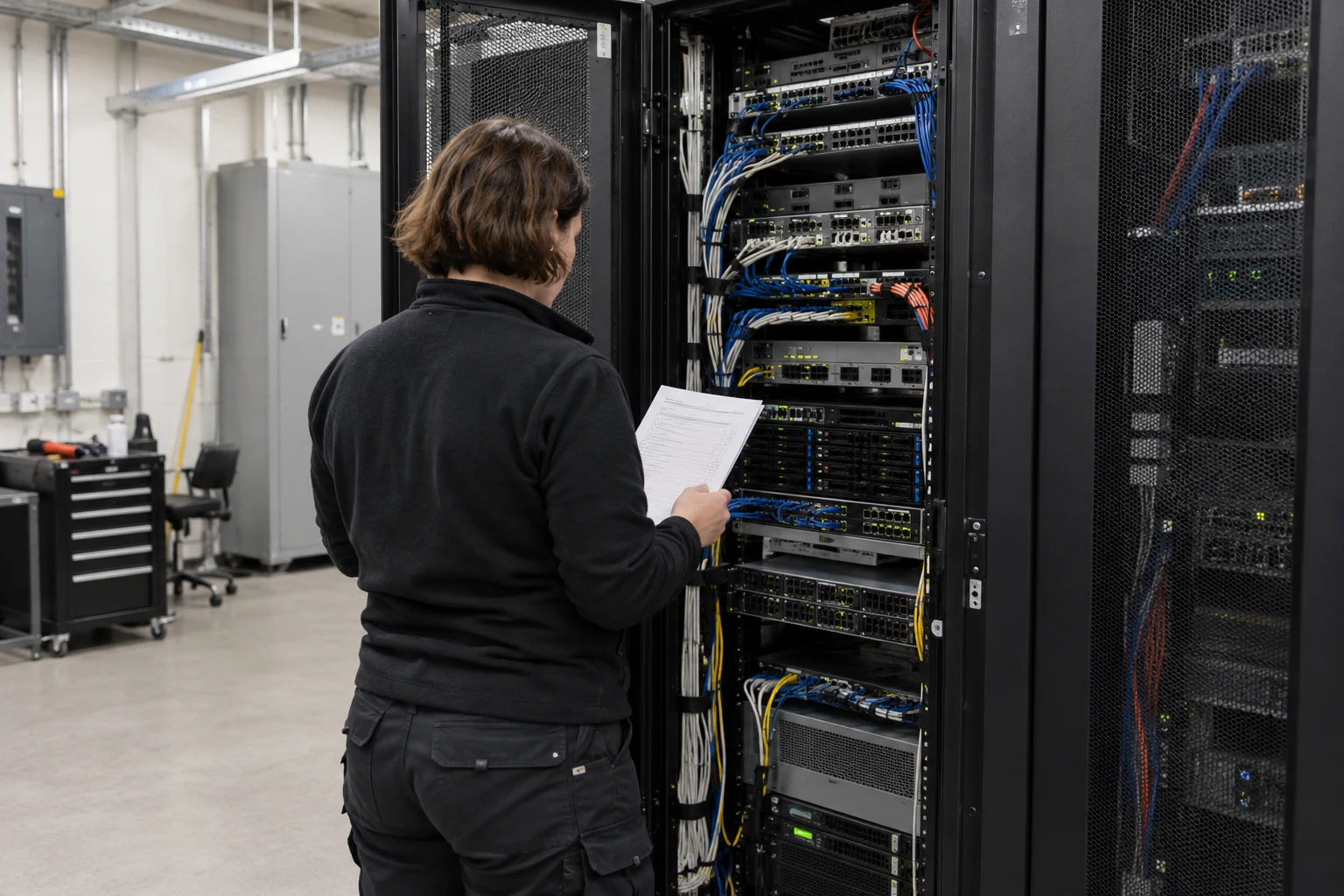 An infrastructure engineer comparing equipment and inspection records