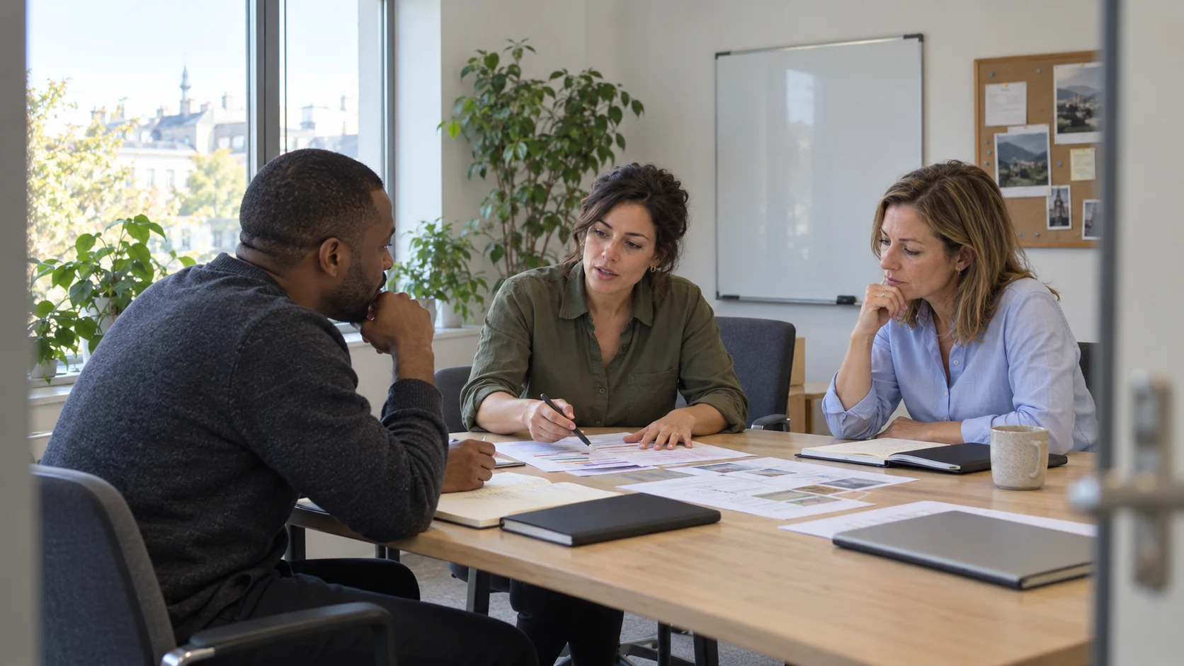 Three colleagues reviewing delivery commitments and work priorities